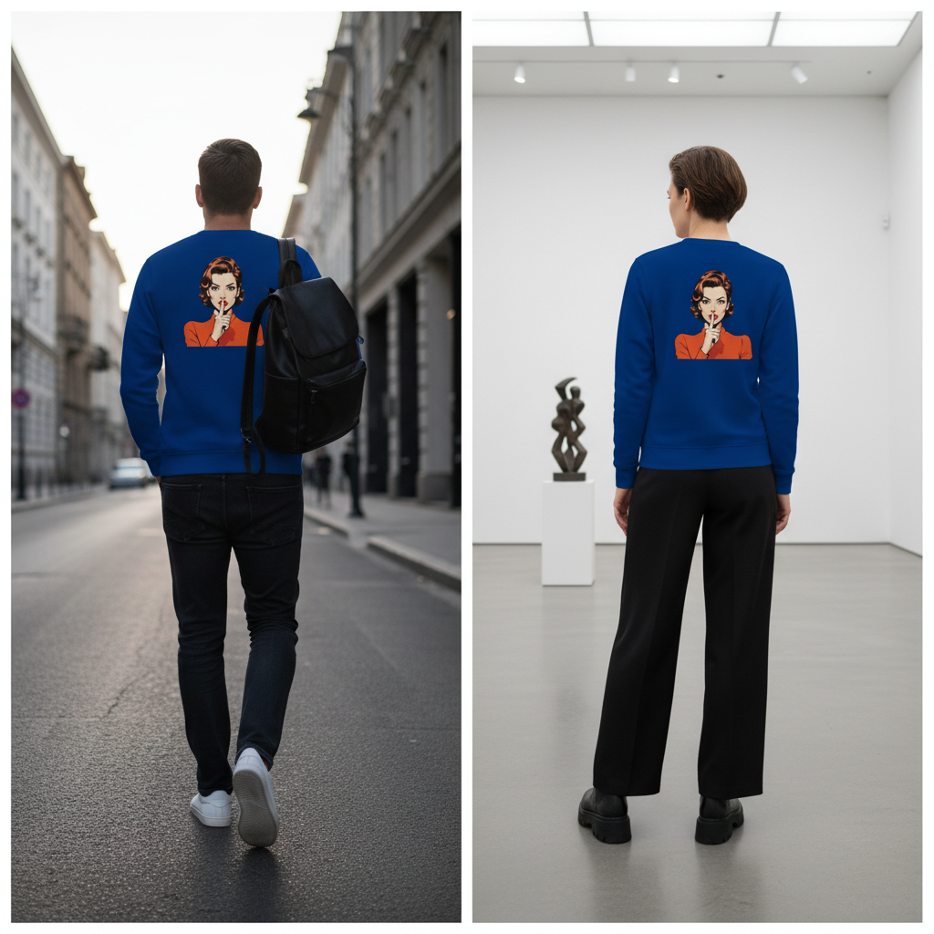 Blauer vintage comic pullover mit grafik einer frau im orange outfit und rotem haar, humorvoller sarcasm für alltag und style