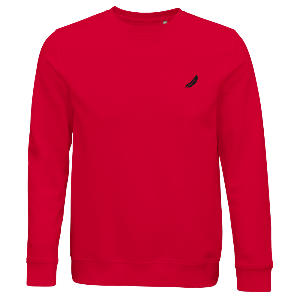 Vibranter roter vintage comic pullover mit langärmeln und kleinem schwarzem federn logo für alltag und style