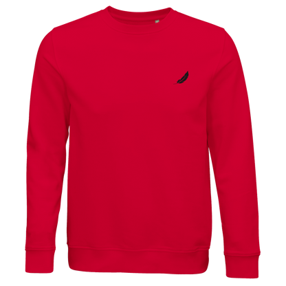 Vibranter roter vintage comic pullover mit langärmeln und kleinem schwarzem federn logo für alltag und style