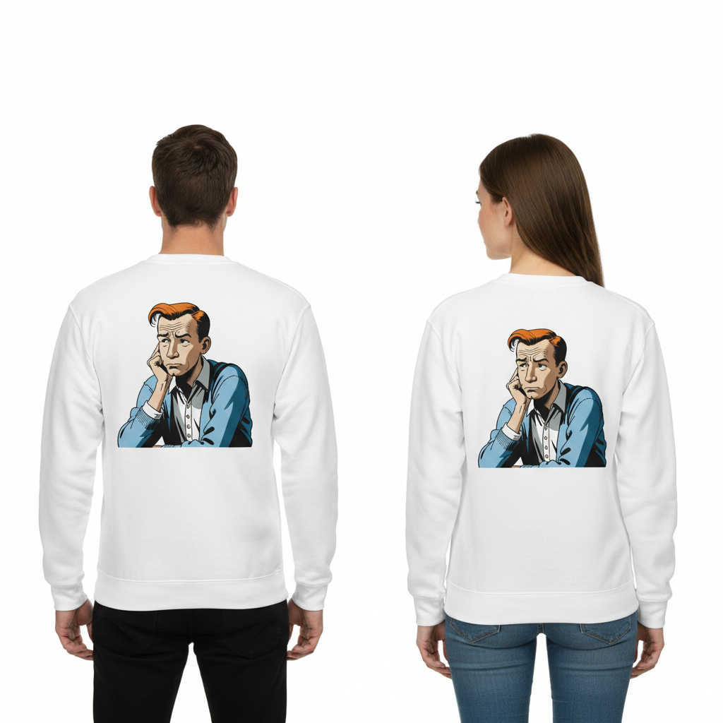 Weißer crewneck sweatshirt mit vintage comic illustration eines mannes mit orangem haar und blauem shirt humorvoller sarcasm pullover für alltag und style