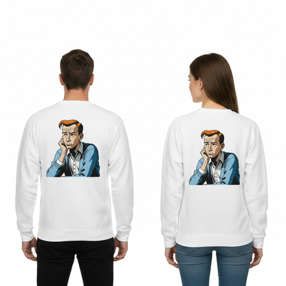 Weißer crewneck sweatshirt mit vintage comic illustration eines mannes mit orangem haar und blauem shirt humorvoller sarcasm pullover für alltag und style