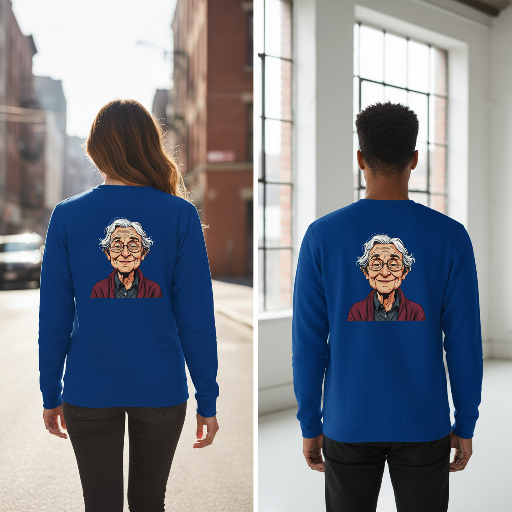 Blaues langarmshirt mit cartoonillustration einer älteren frau in bordeauxrotem mantel vintage comic pullover