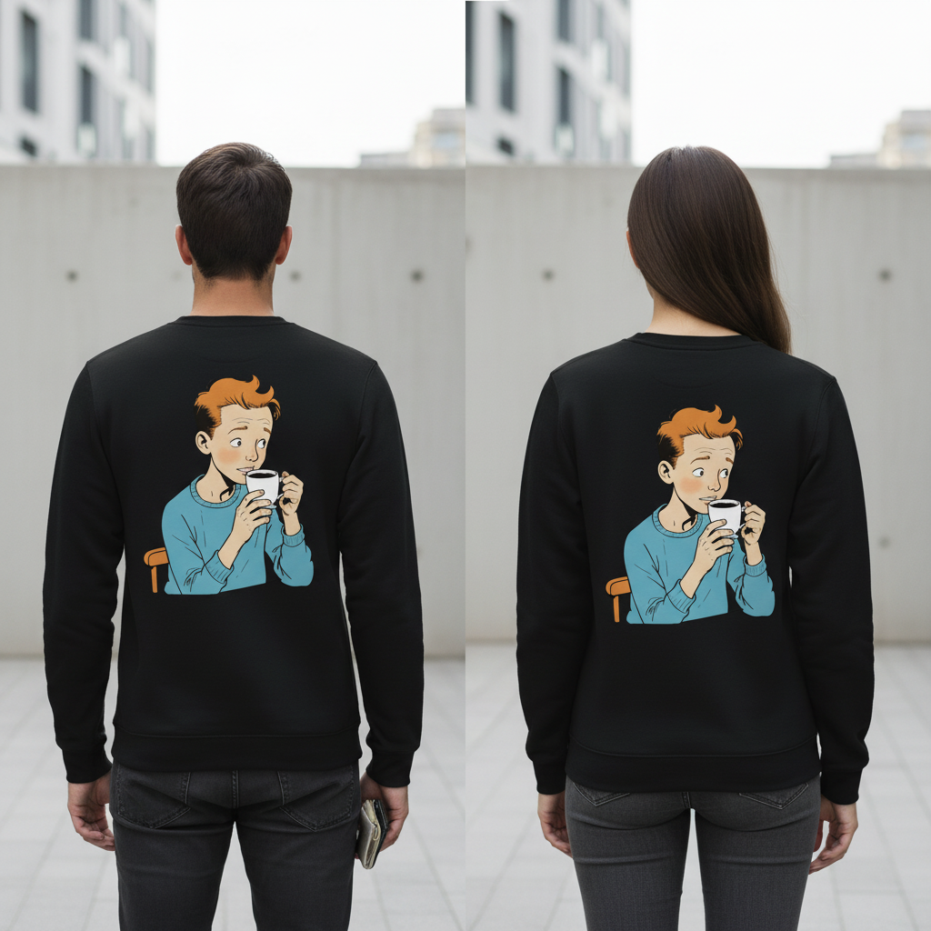 Schwarzer vintage comic pullover mit cartoonillustration eines jungen mit orange haaren und weißer tasse