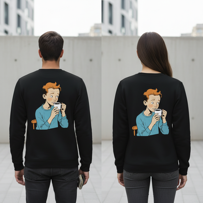 Schwarzer vintage comic pullover mit cartoonillustration eines jungen mit orange haaren und weißer tasse