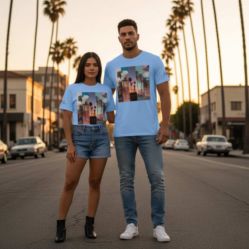 Hellblaues schwergewichts-cotton-t-shirt la sentimental mit lebhaftem collage-stil grafikdruck von palmen und figuren vor sonnenuntergang