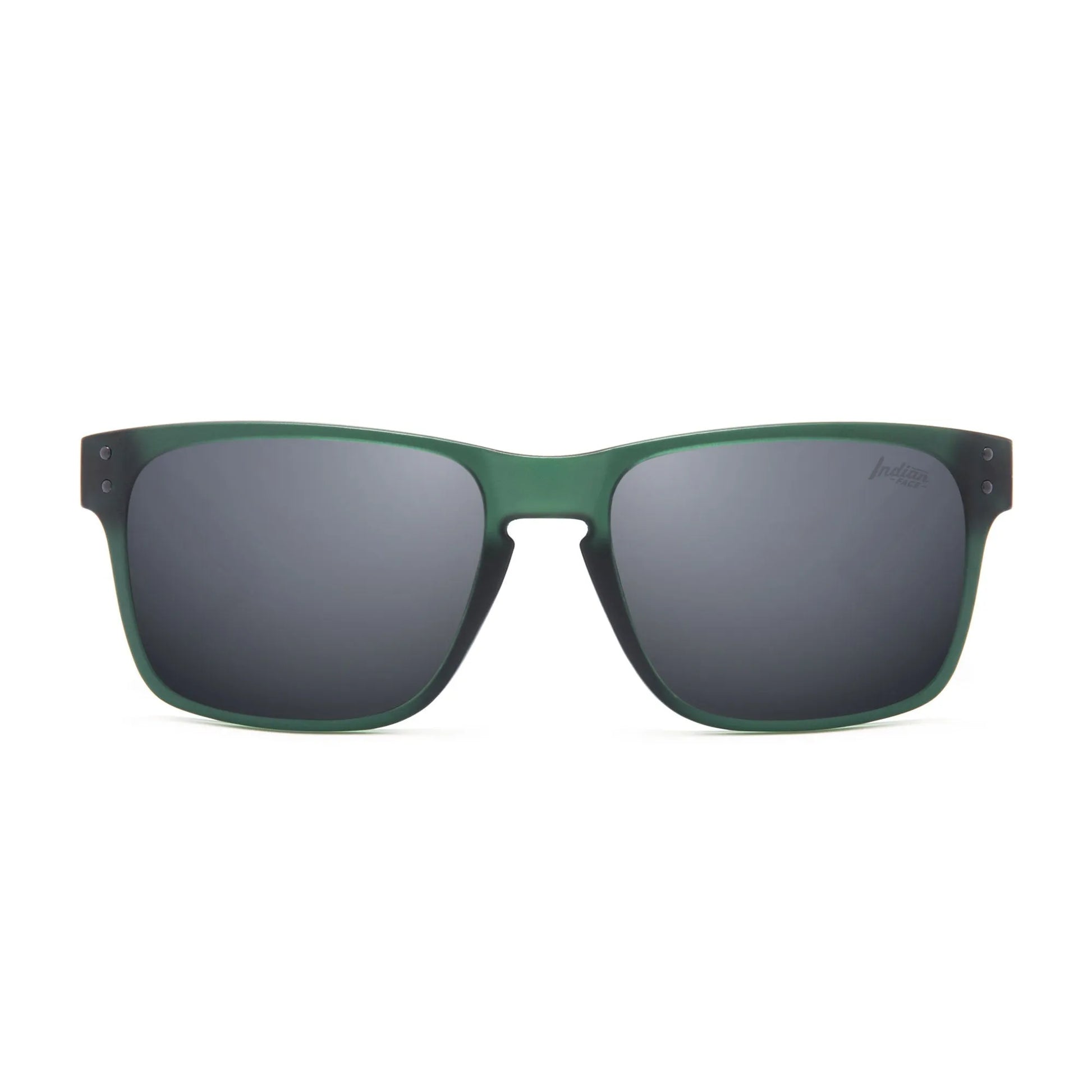 Frontansicht der mattgrünen Sonnenbrille The Indian Face® by INDICOM BRANDS SL, unisex mit klassischem rechteckigen Rahmen und polarisierten HD Linsen, vor weißem Hintergrund.