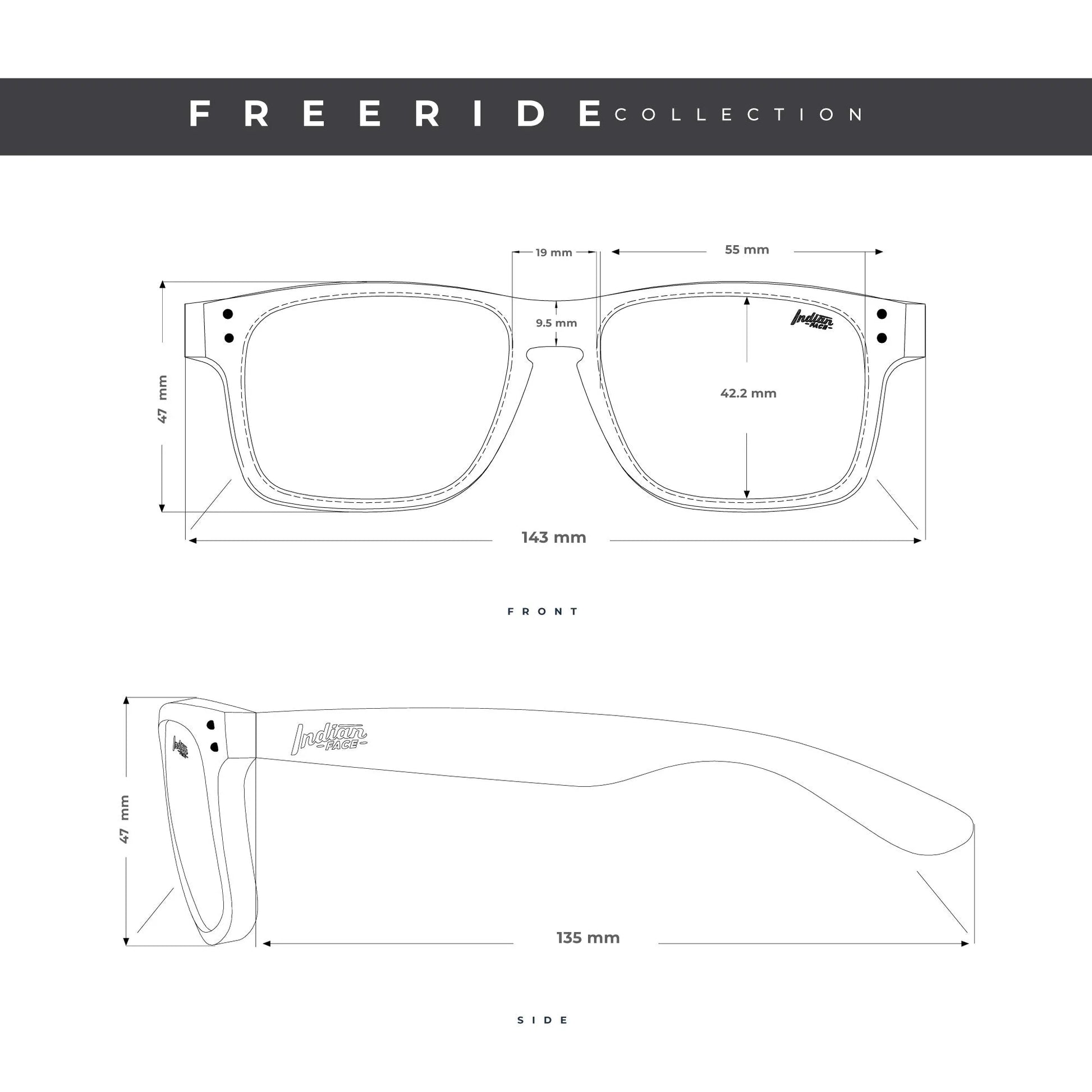 Technische Zeichnung der Sonnenbrille The Indian Face®, grün von INDICOM BRANDS SL, mit Vorder- und Seitenansicht und genauen Angaben in Millimetern für Rahmenbreite, Glasgröße, Bügellänge und polarisierte HD Linsen.