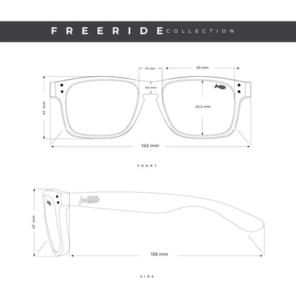 Technische Zeichnung der Sonnenbrille The Indian Face®, grün von INDICOM BRANDS SL, mit Vorder- und Seitenansicht und genauen Angaben in Millimetern für Rahmenbreite, Glasgröße, Bügellänge und polarisierte HD Linsen.