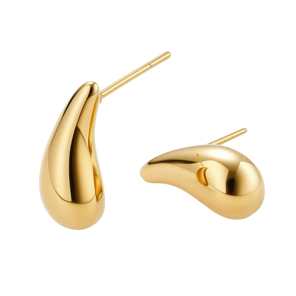 Pair of gold-plated sterling silver teardrop stud earrings with polished finish on white background.