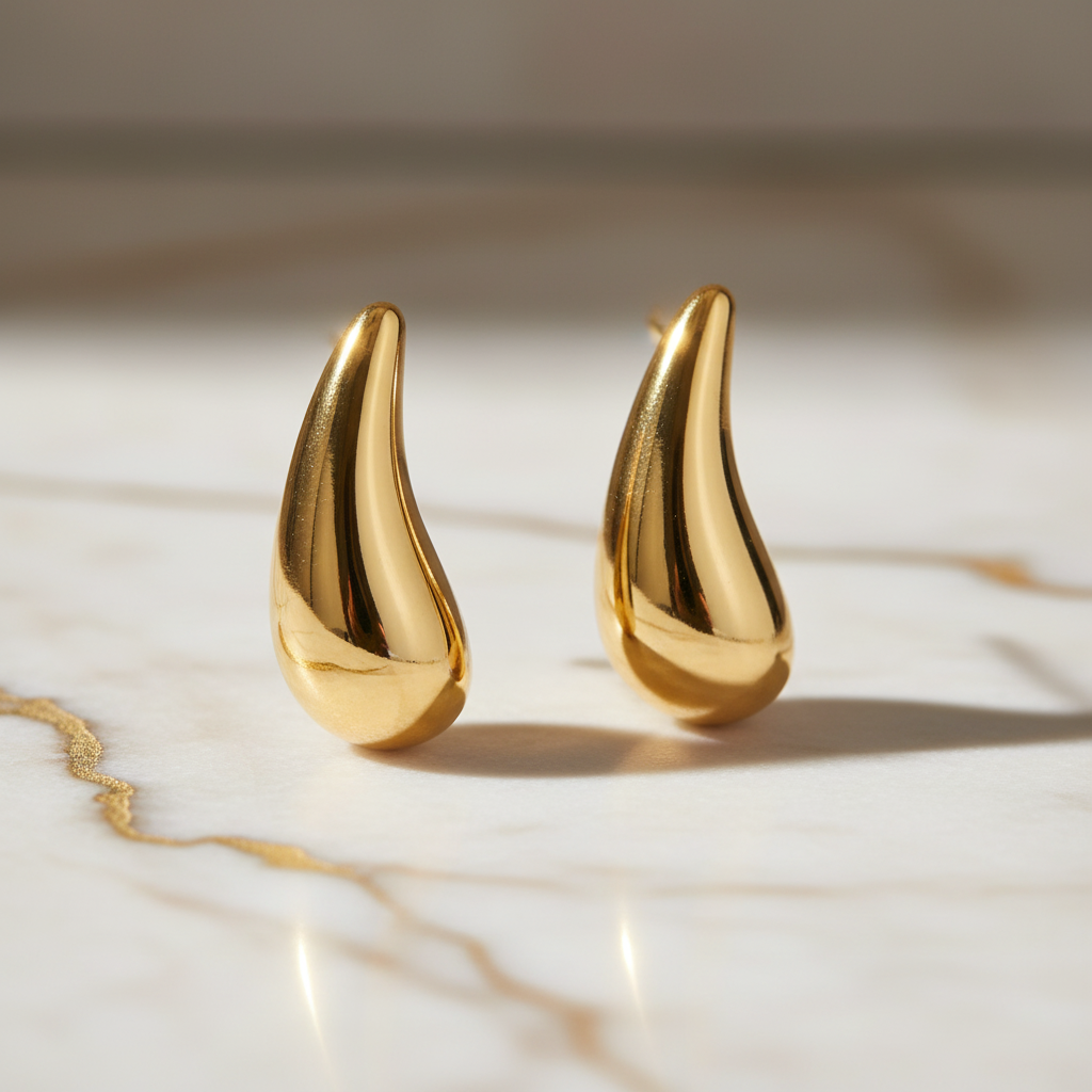 18K gold-plated teardrop stud earrings by flyliving glistening on white marble with golden veins.