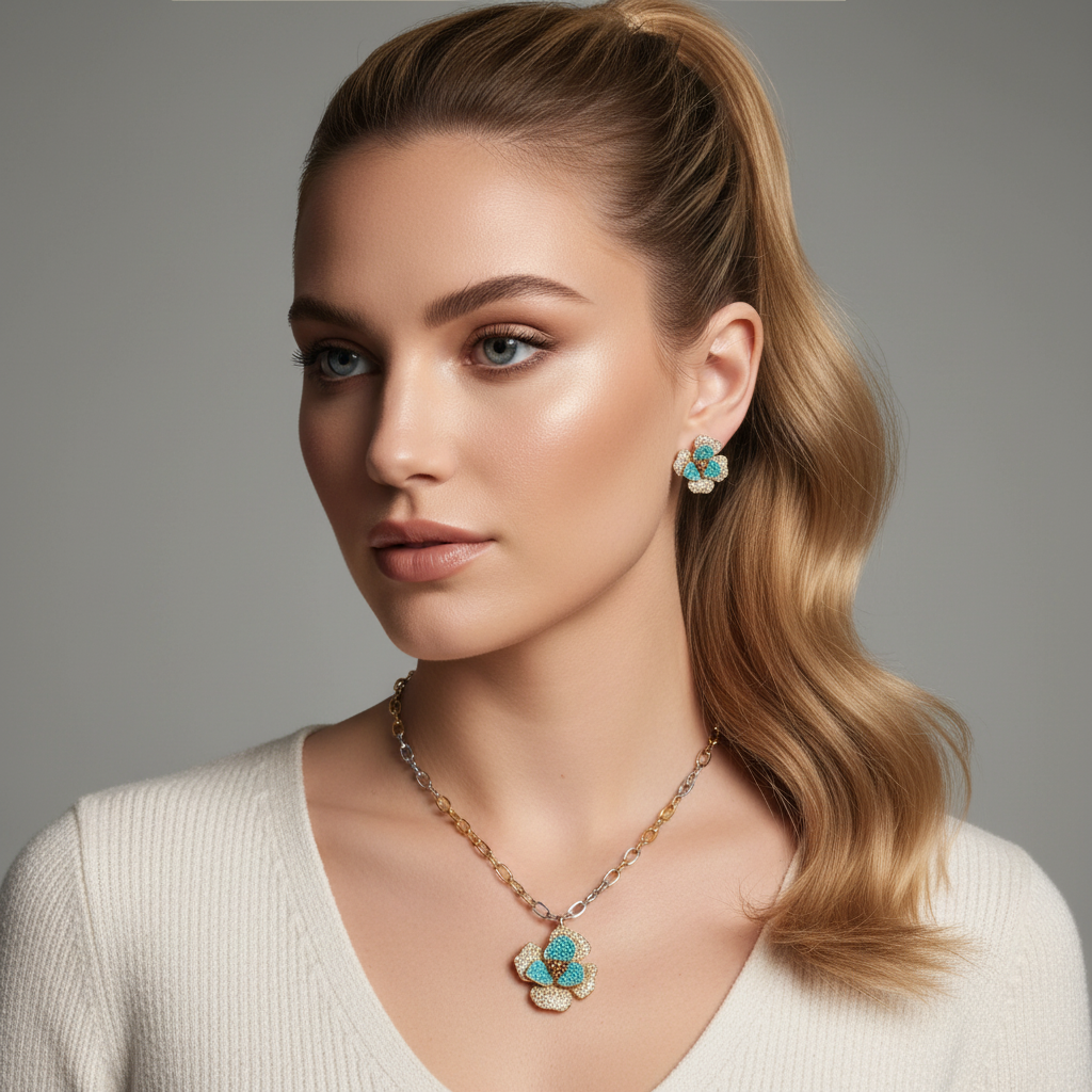 14K gold-plated jewelry set by flyliving, with turquoise and white stone flower designs, worn on a model in a cream sweater.