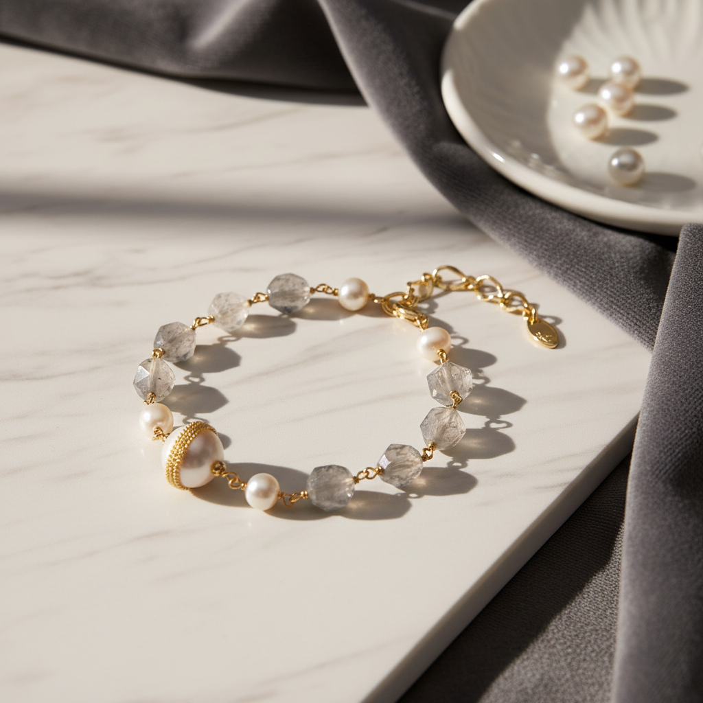 Gold-plated bracelet featuring baroque and freshwater pearls with faceted grey quartz by flyliving, resting on a white marble surface.