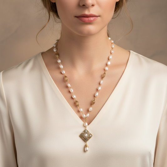 Ein himmlische perlentropfen halskette mit unregelmäßigen weißen süßwasserperlen und 14k vergoldeten golddetails mit diamantförmigem anhänger