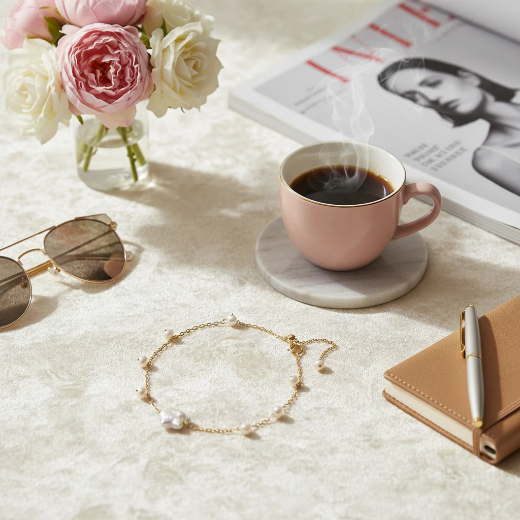 Goldenes Armband mit Perlen von flyliving, neben Brille, Kaffeetasse und Notizbuch auf beigem Stoff.