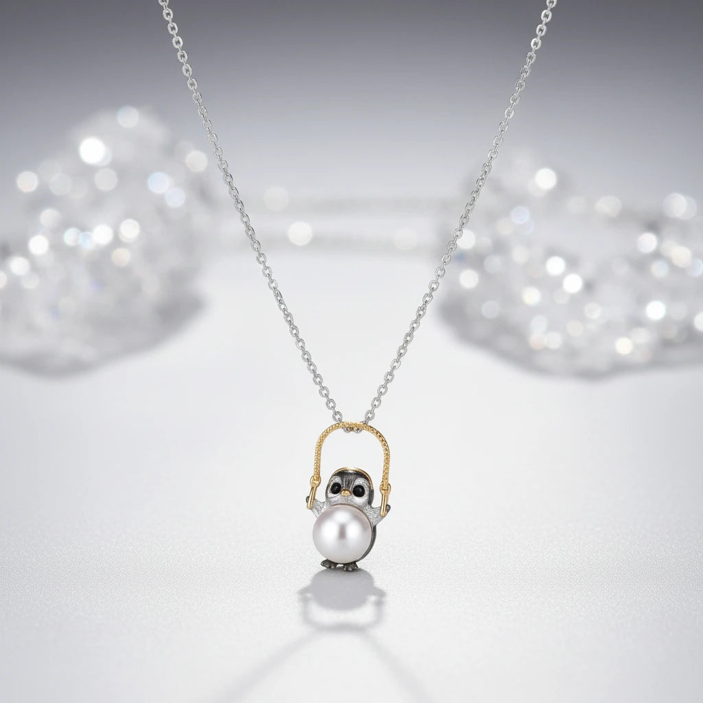 Weise Eule Perlenkette von flyliving, mit goldfarbenem Bügel und silberfarbener Kette vor verschwommenem Hintergrund.
