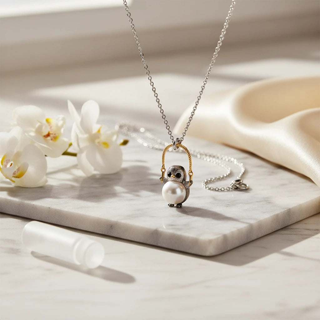 Weise Eule Perlenhalskette von flyliving mit silberner Kette, auf Marmorplatte neben Orchideenblüten und weißem Behälter.
