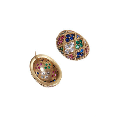 Oval gold-plated stud earrings with multicolor zirconia stones in geometric mosaic pattern