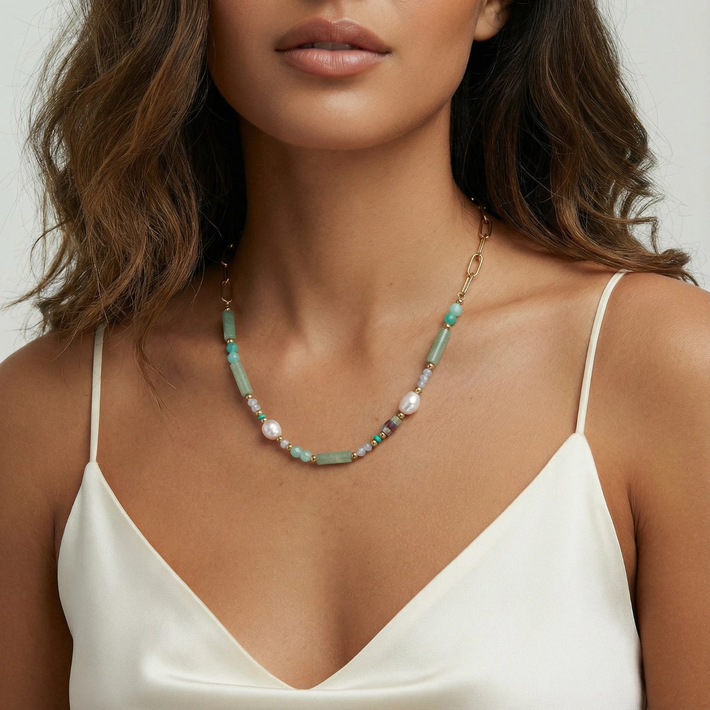 Seafoam Dreams Halskette | 14K vergoldeter Edelstahl & Prasemquarz