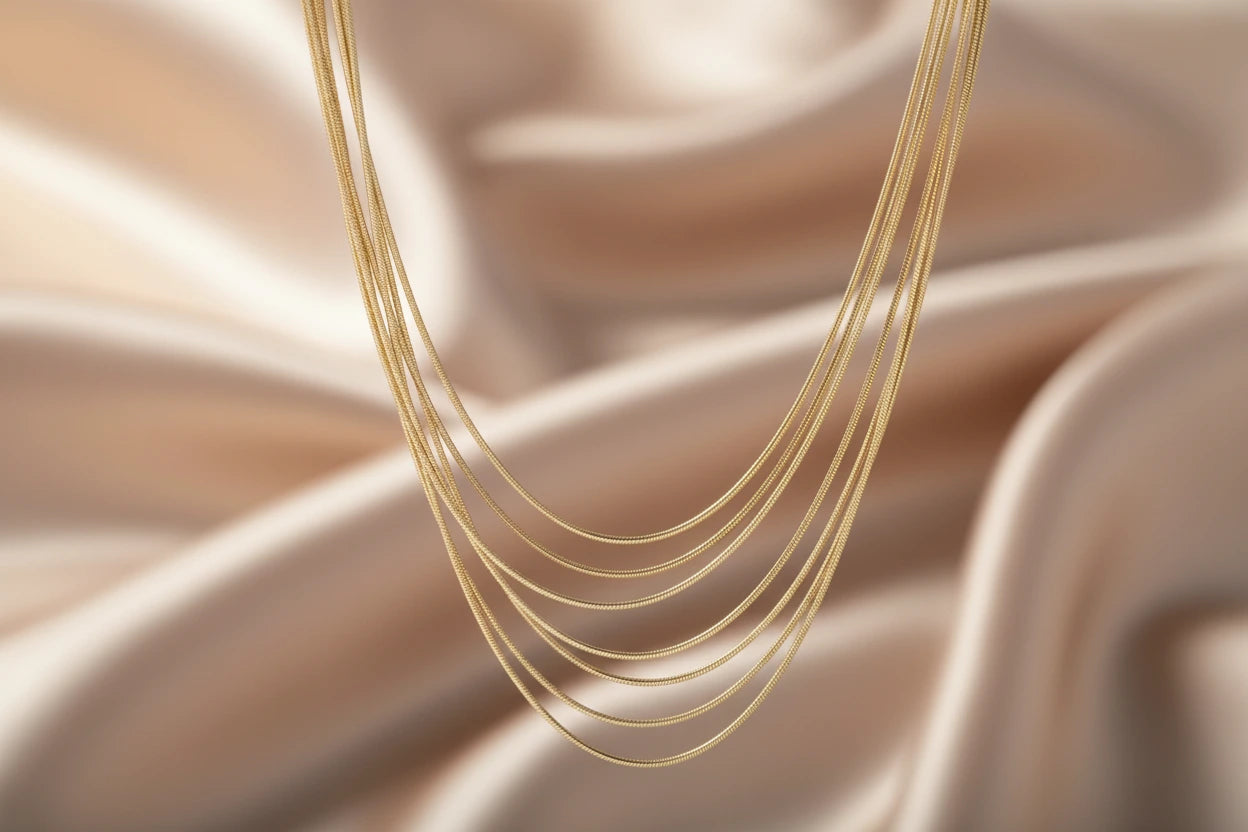 Goldene Halskette mit mehreren Schichten von flyliving, auf einem schimmernden, beigen Stoff drapiert.