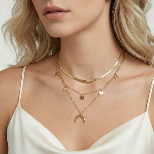 Goldener Halbmond Schichtketten-Set | 14K vergoldeter Edelstahl