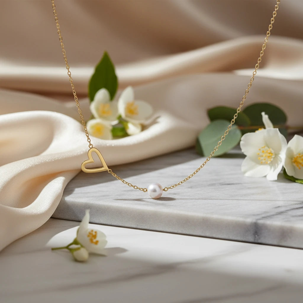Goldene Halskette mit Herz und Perle von flyliving, auf Marmorplatte mit weißen Blüten und hellem Stoff.
