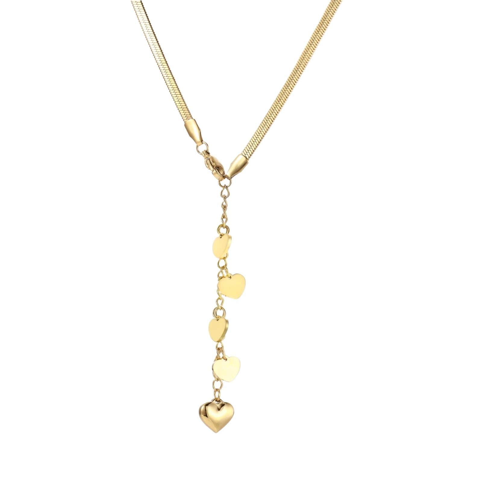 Gold Y-shaped necklace with five graduated heart charms cascading down a herringbone chain on white background