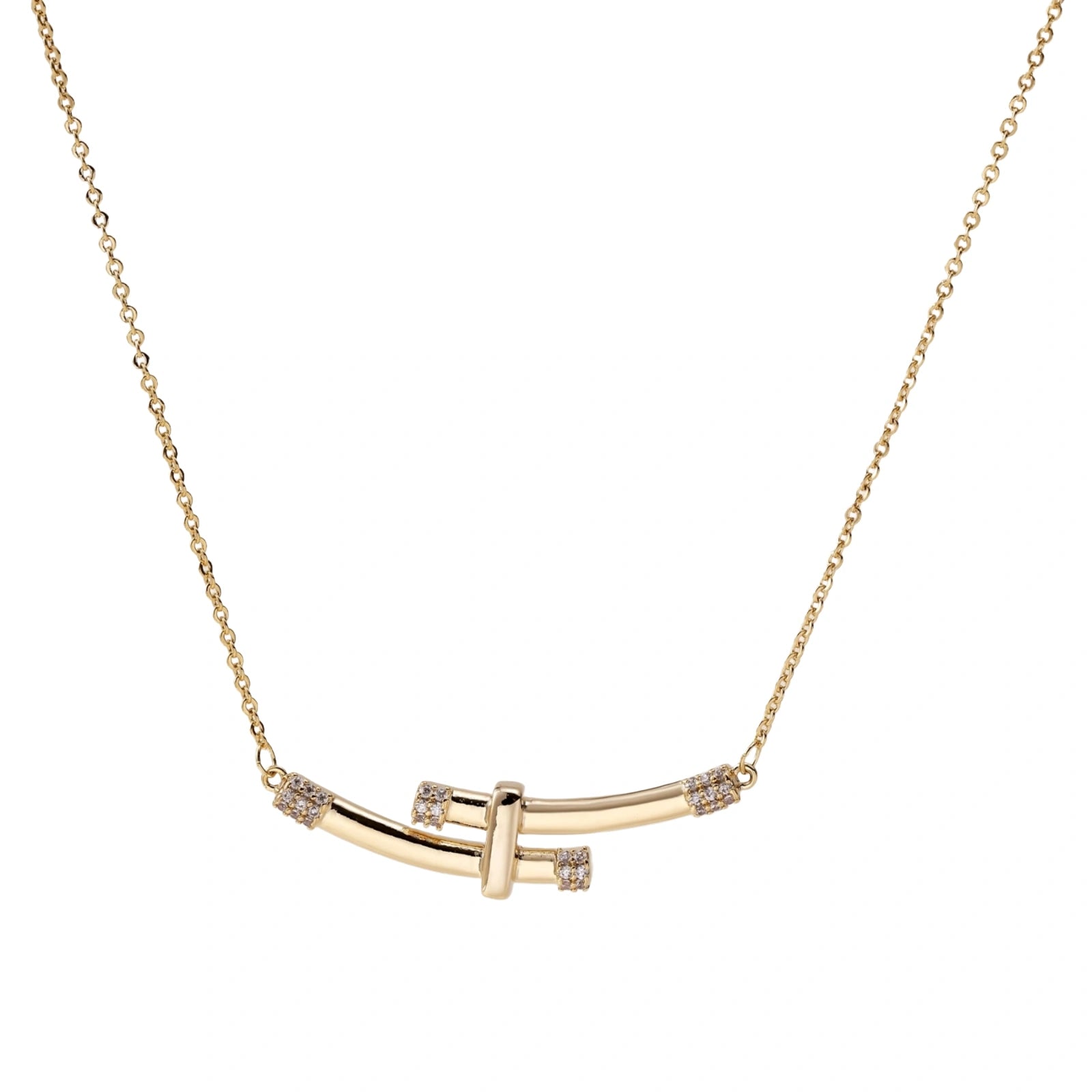 Gold-plated curved bar necklace with diamond accents on delicate chain against cream background