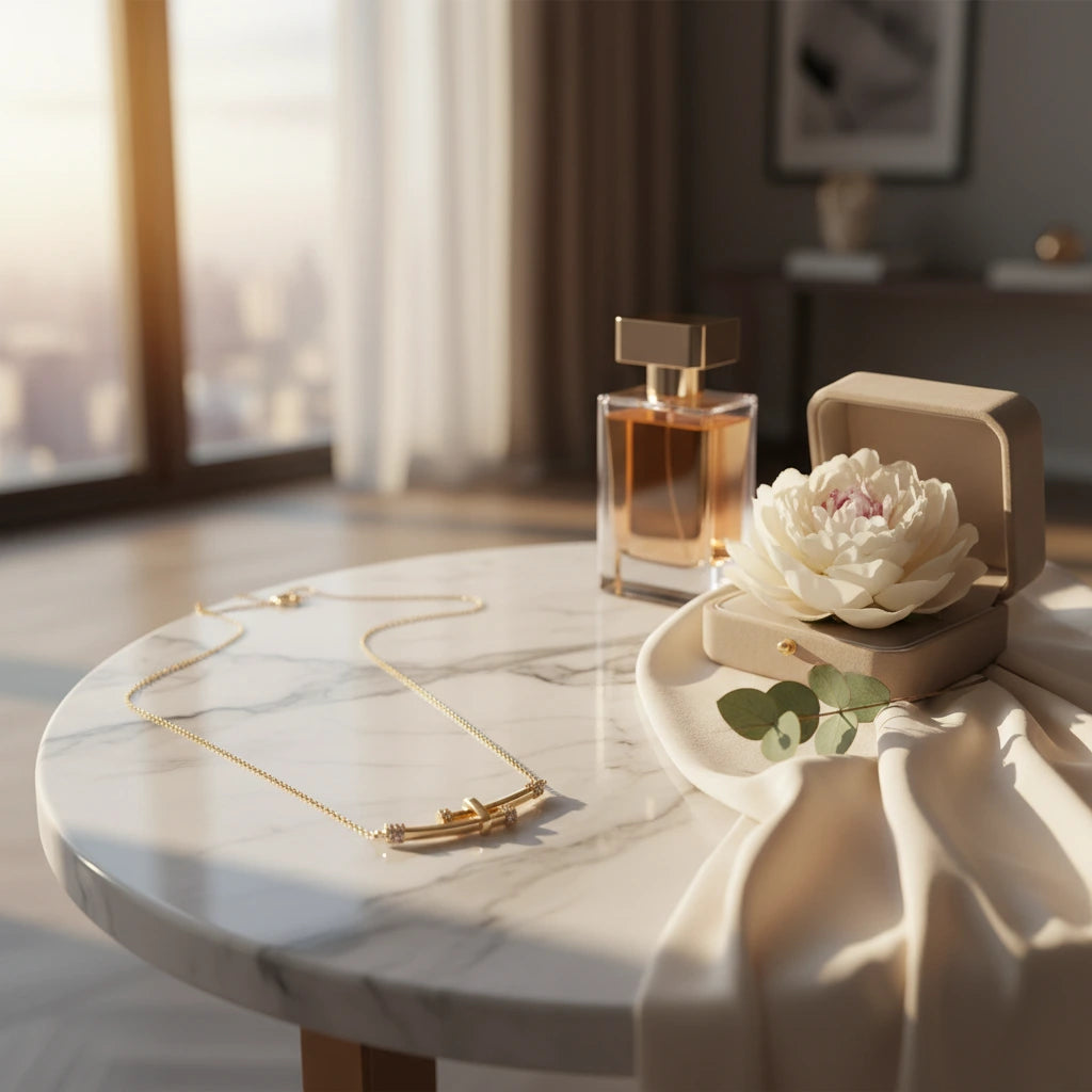 Goldene Bamboo Crystal Arc Halskette von flyliving, auf einem Marmortisch mit Parfüm und einer weißen Blume arrangiert.
