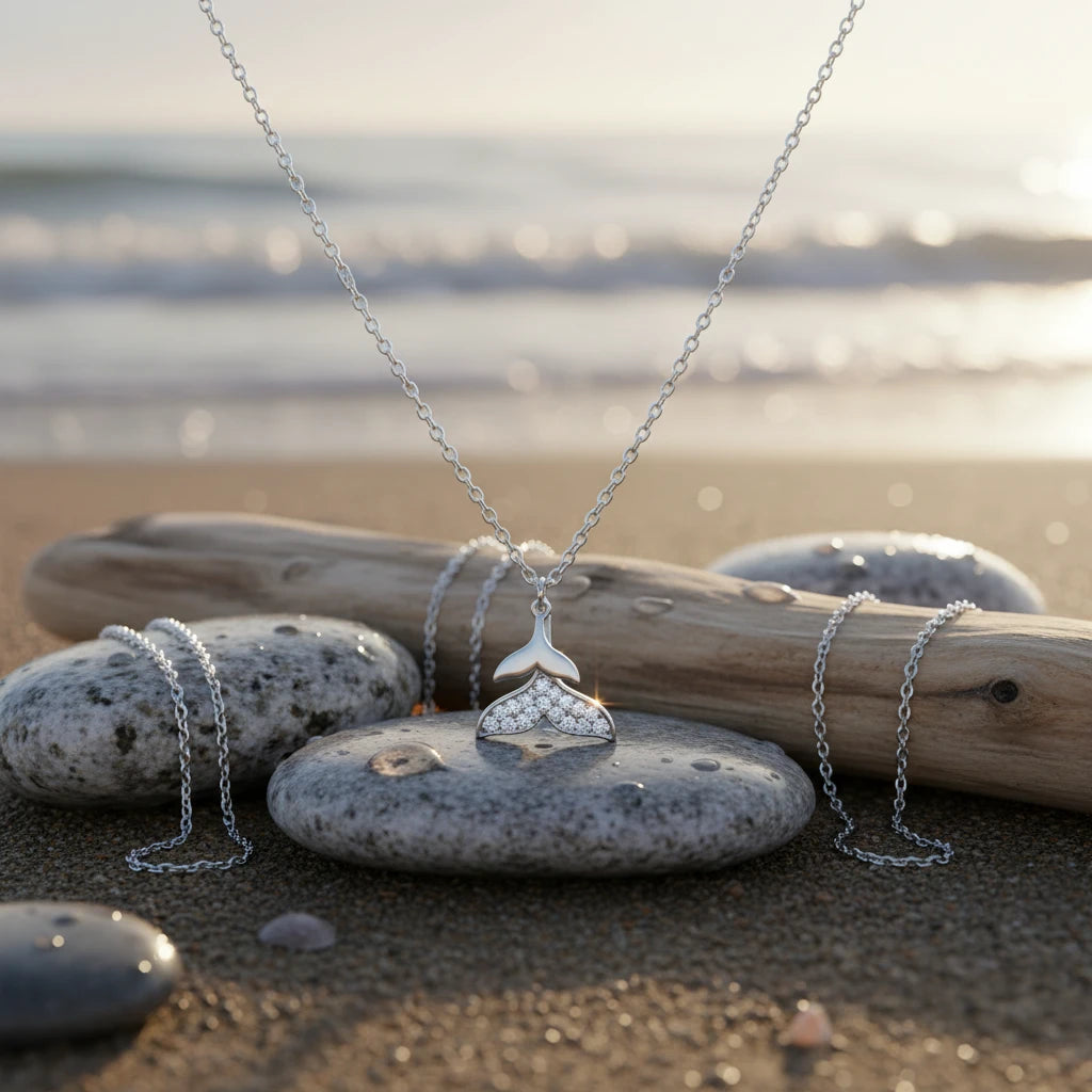 Walflossen-Kristallhalskette von flyliving mit glitzernden Akzenten auf Kieselsteinen am Strand.