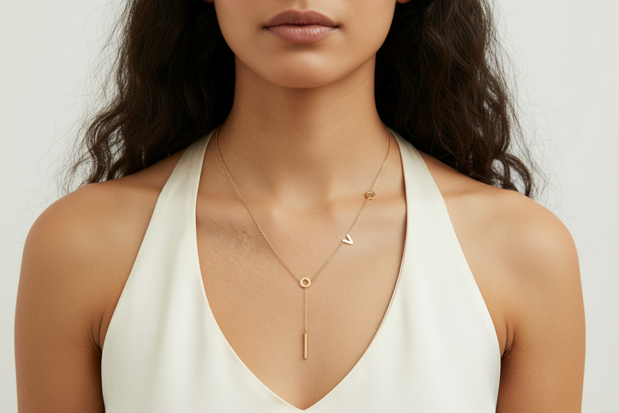18K gold-plated 'LOVE' Y-chain necklace by flyliving, featuring a vertical bar drop.