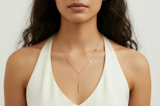 18K gold-plated 'LOVE' Y-chain necklace by flyliving, featuring a vertical bar drop.