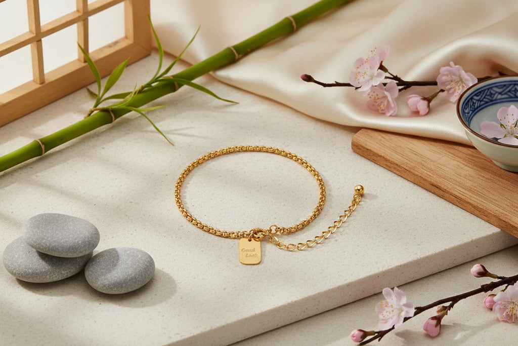 Vergoldetes Good Luck Armband von flyliving mit Anhänger, Kugeldetail und Verlängerungskettchen, präsentiert mit Bambus und Kirschblüten.