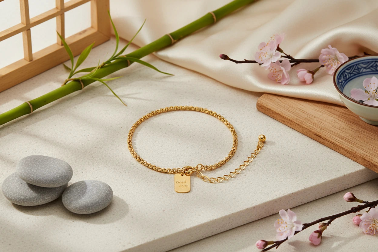 Vergoldetes Good Luck Armband von flyliving mit Anhänger, Kugeldetail und Verlängerungskettchen, präsentiert mit Bambus und Kirschblüten.
