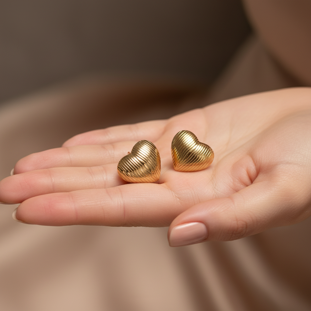 18K gold-plated textured heart earrings by flyliving, featuring a ribbed pattern, held in an open hand with nude polished nails.