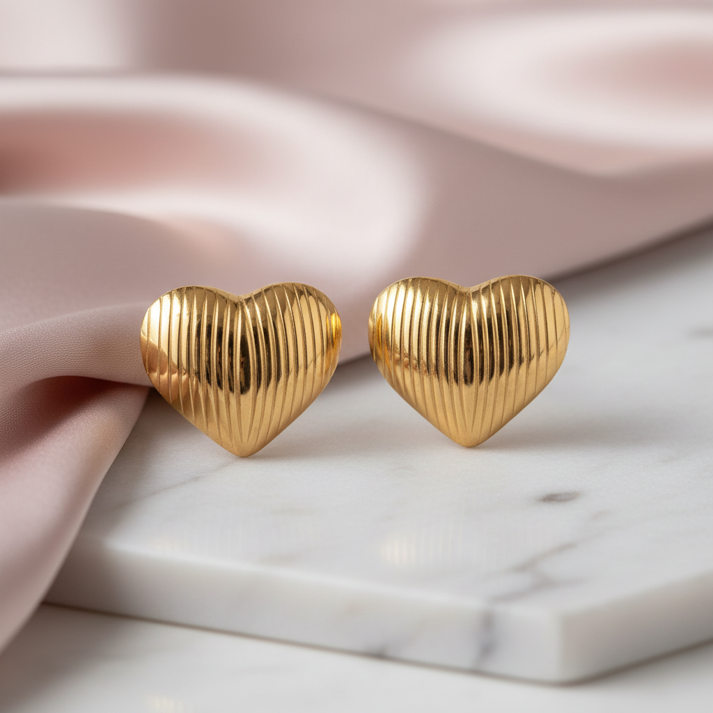 Gold-plated textured heart stud earrings by flyliving, with vertical grooves, on white marble and pink satin.