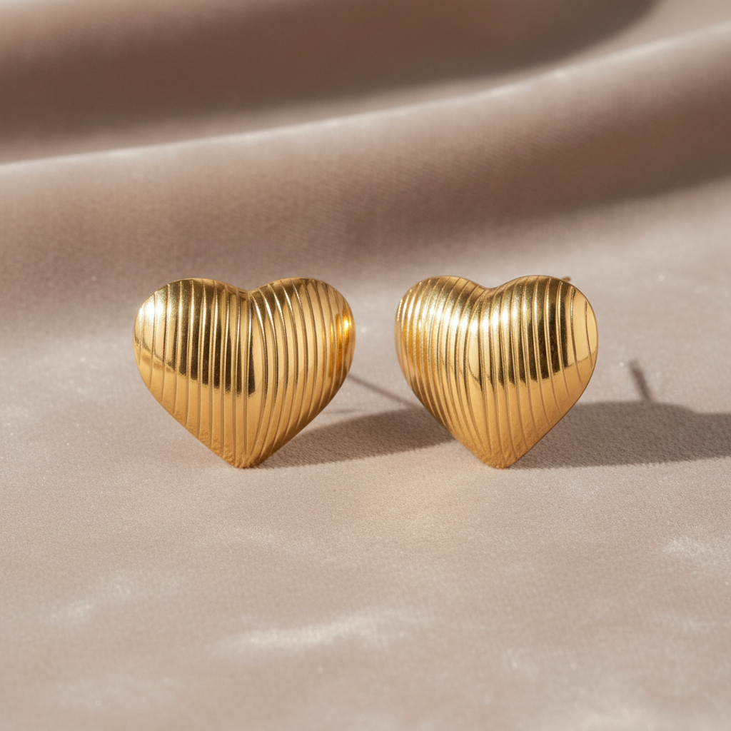 Gold-plated textured heart stud earrings by flyliving, featuring vertical fluted lines, on a beige fabric.