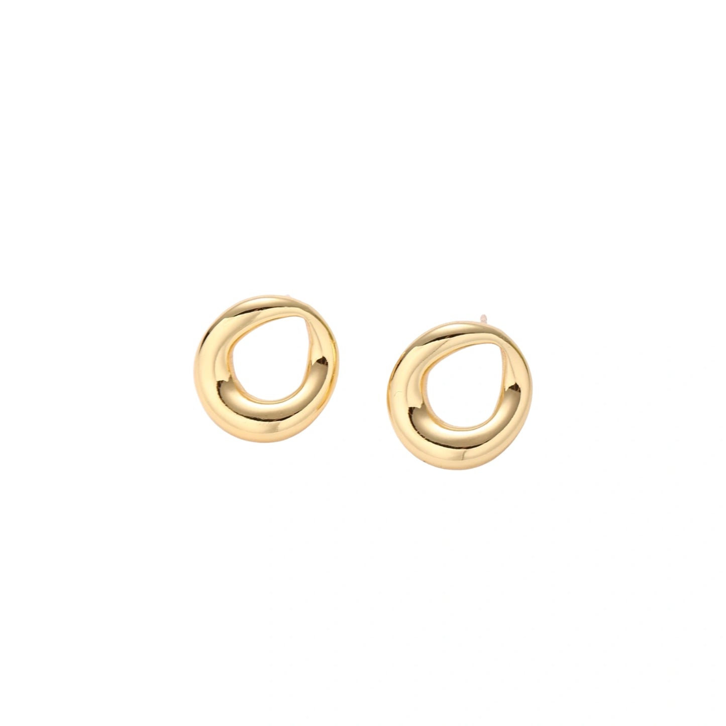 Pair of polished 18K gold-plated stainless steel teardrop earrings with hollow centers on cream background