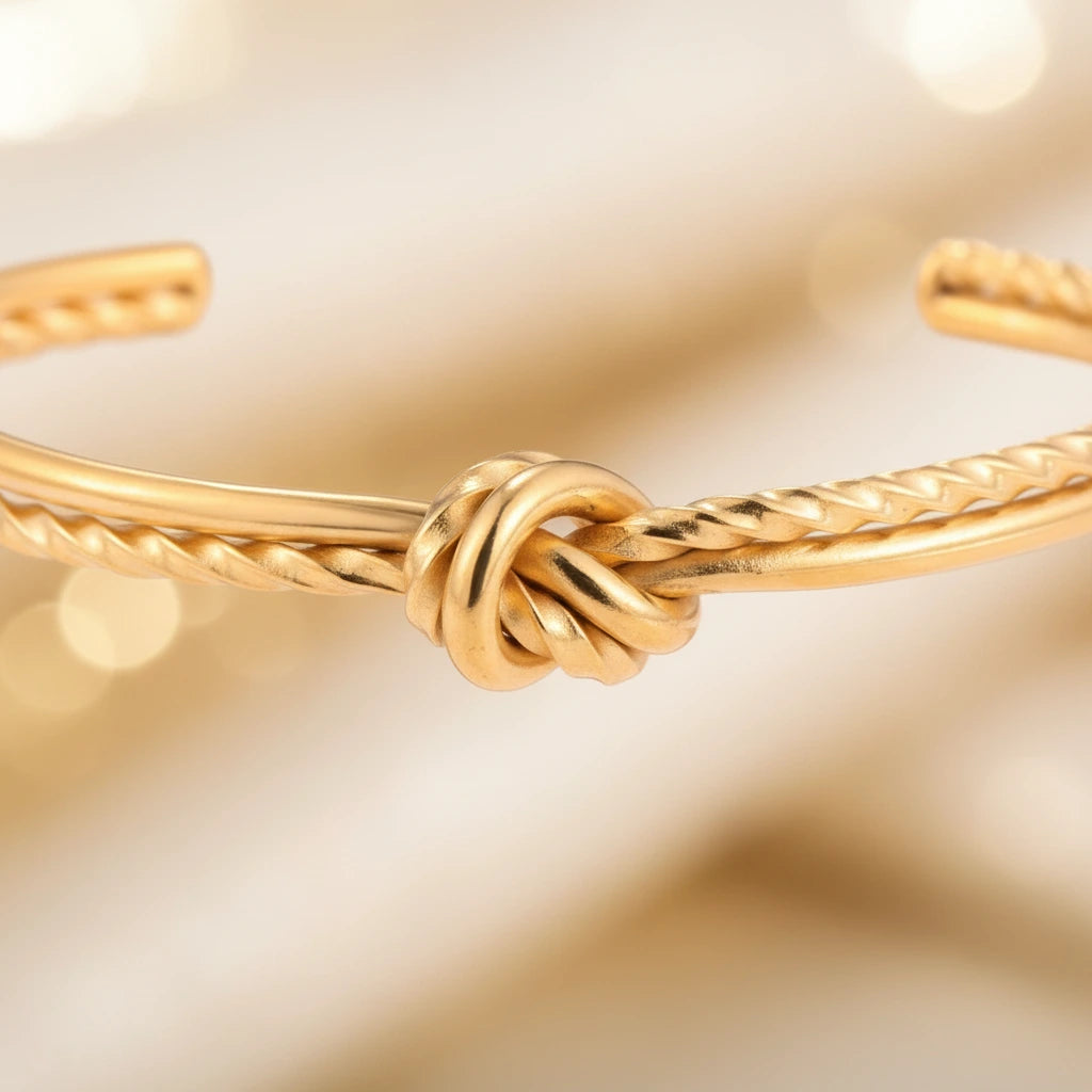 Vergoldetes goldenes Knotenarmband von flyliving mit einem dekorativen Knoten in der Mitte, Nahaufnahme.