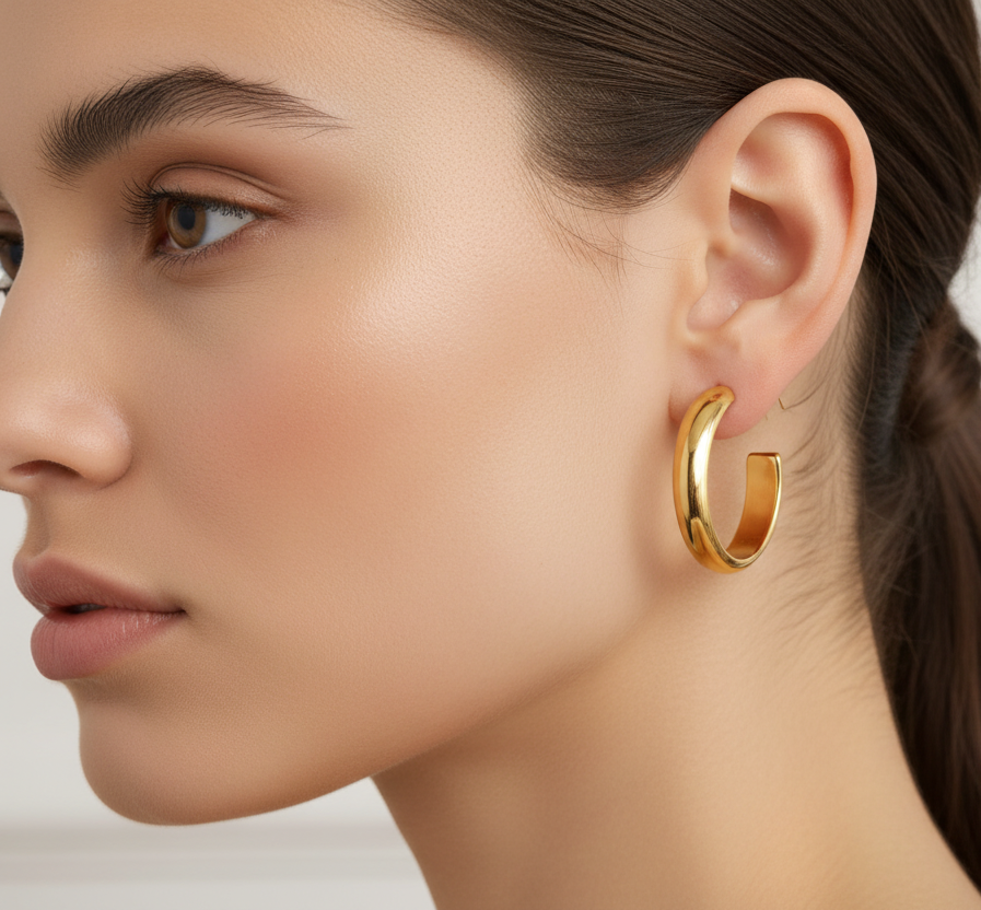 Thick gold-plated stainless steel hoop earring by flyliving worn on a person's ear in profile.
