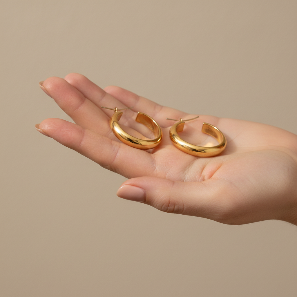 Golden oval hoop earring set by flyliving, smooth and shiny, held in a hand.