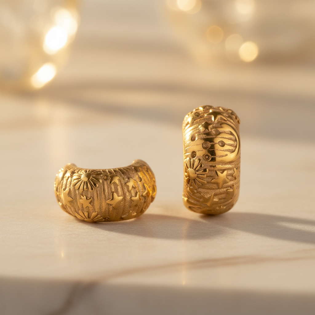Two chunky gold hoop earrings by flyliving, featuring celestial sun, moon, and star engravings.