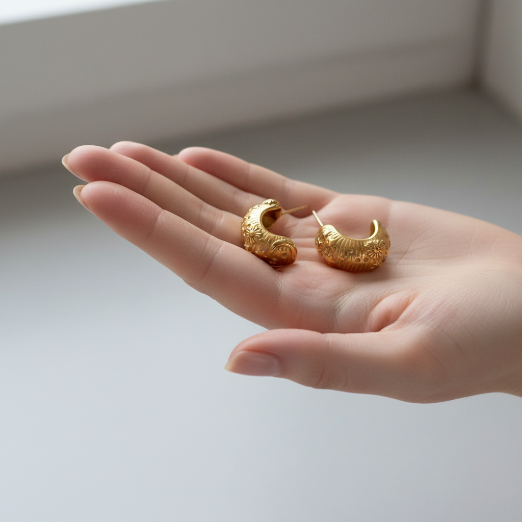 Chunky 14K gold-plated hoop earrings by flyliving with an embossed floral pattern, held in a hand.