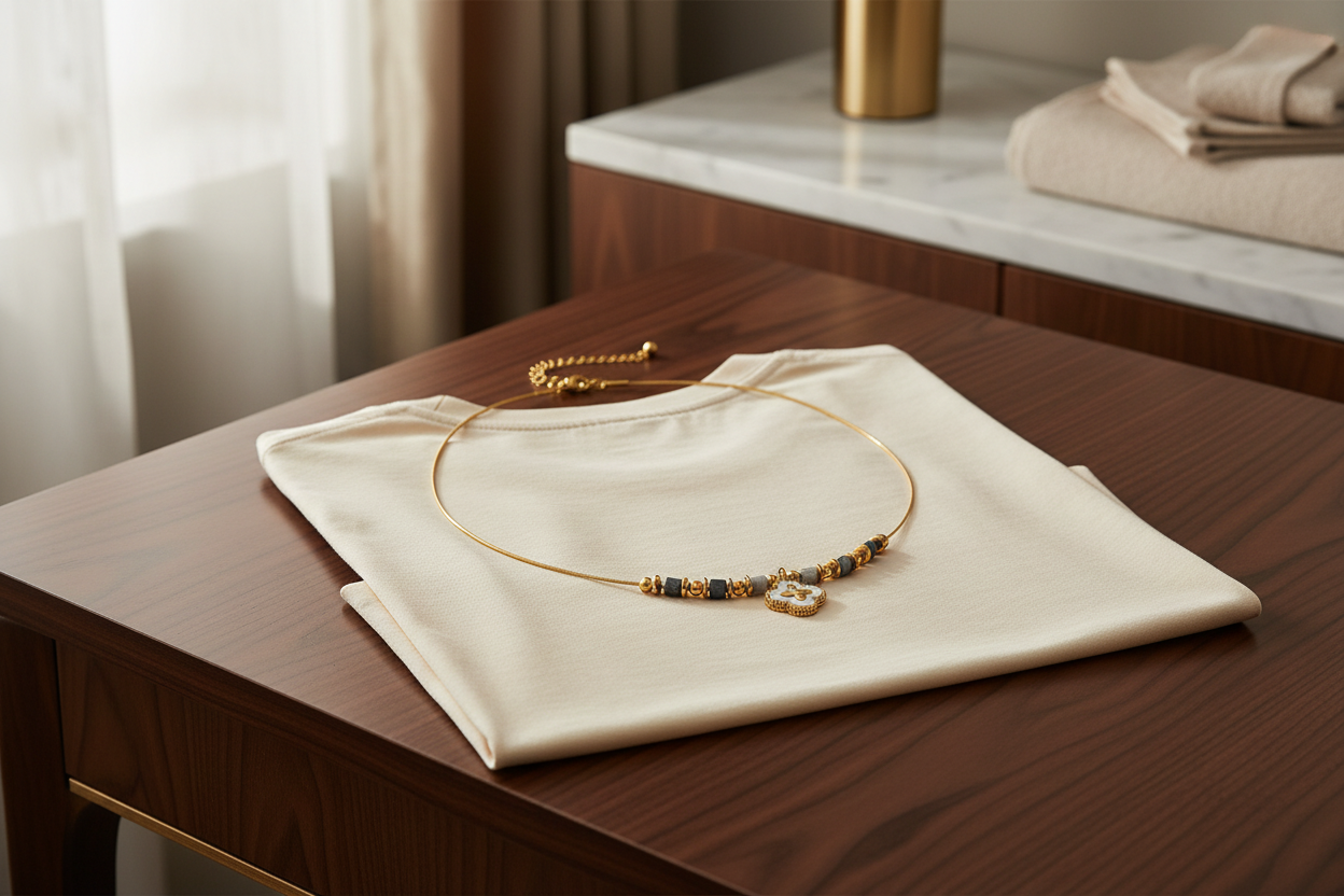 18K gold-plated clover necklace by flyliving with an abalone pendant and dark beads, displayed on a cream t-shirt.