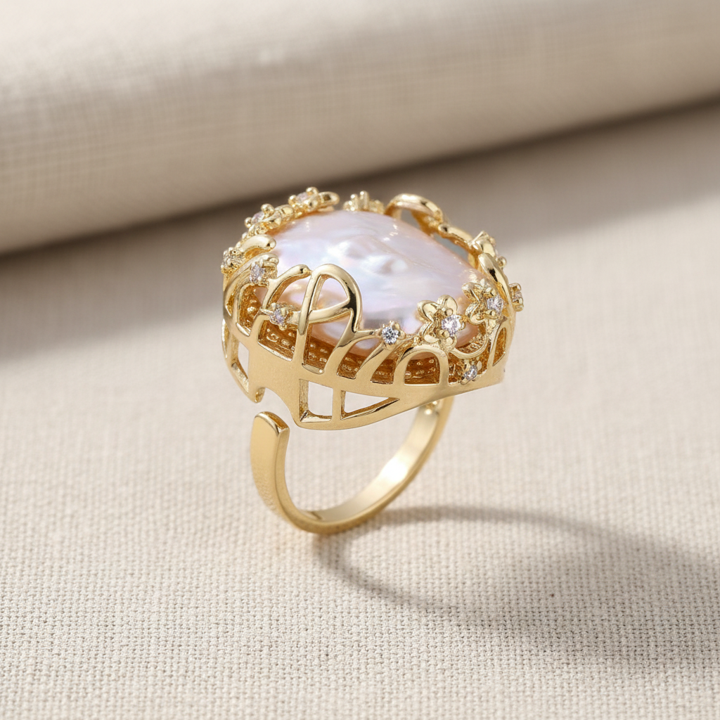 14K gold-plated Baroque Freshwater Pearl Crown Ring by flyliving, with intricate filigree, sparkling gemstones, and an adjustable band.