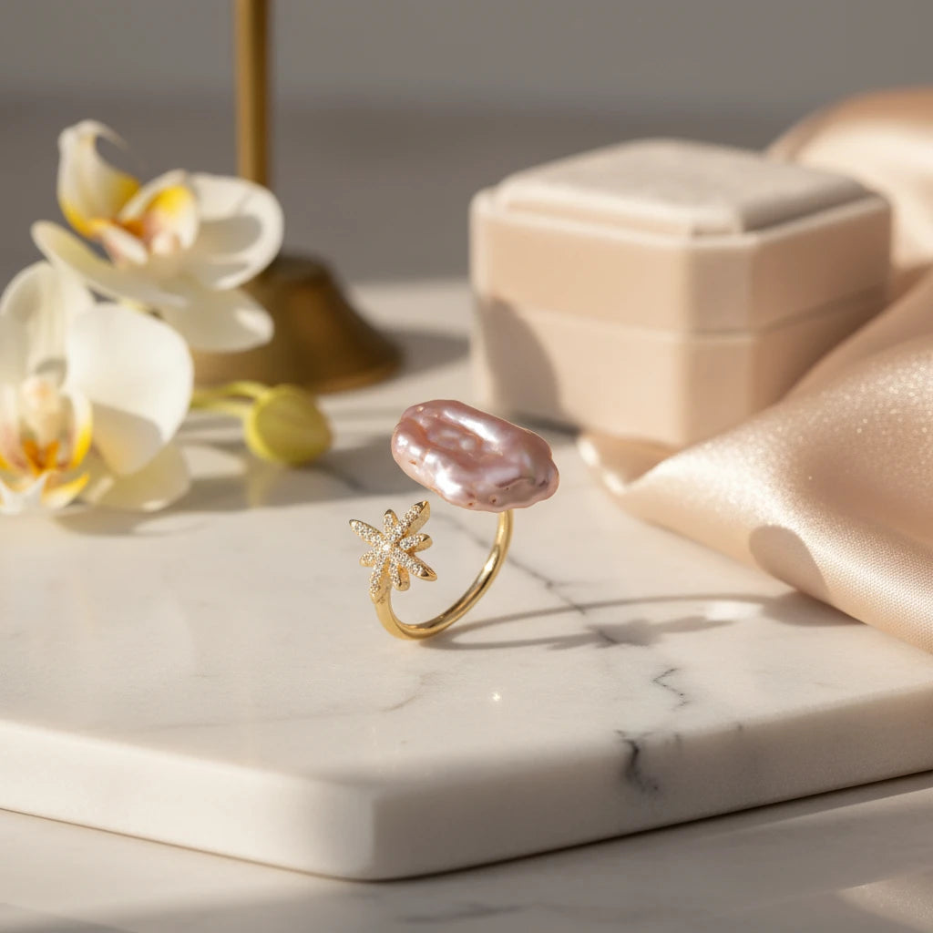 Goldener Perlenring Sternenstaub von flyliving mit einem rosa Süßwasserperlen-Akzent und einem funkelnden Sternmotiv.