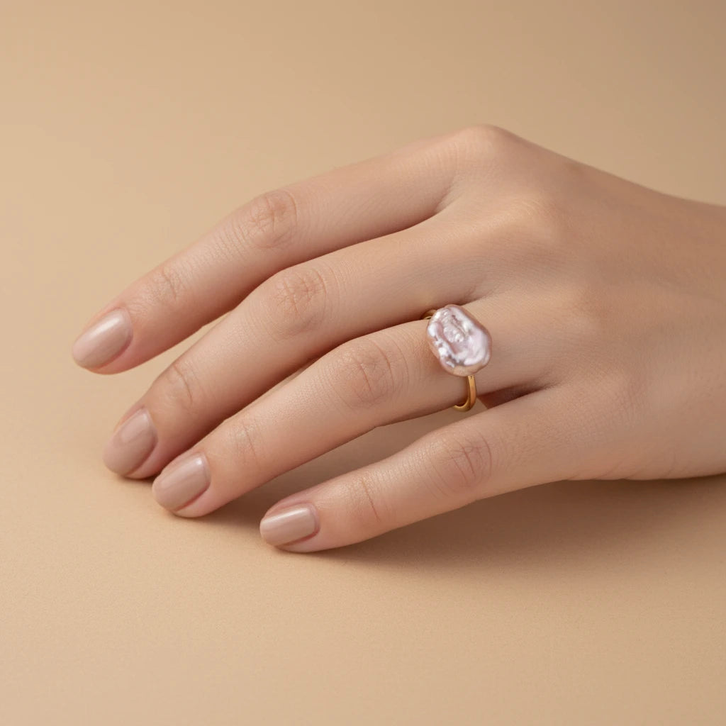 Perlenring mit Sternenstaub-Effekt von flyliving, getragen an einer Hand mit neutralem Nagellack vor beigem Hintergrund.
