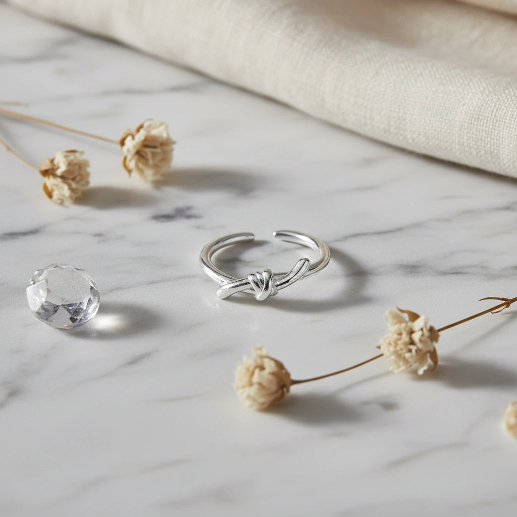 Delicate rhodium-plated silver ring with elegant knot design on cream background, adjustable band style