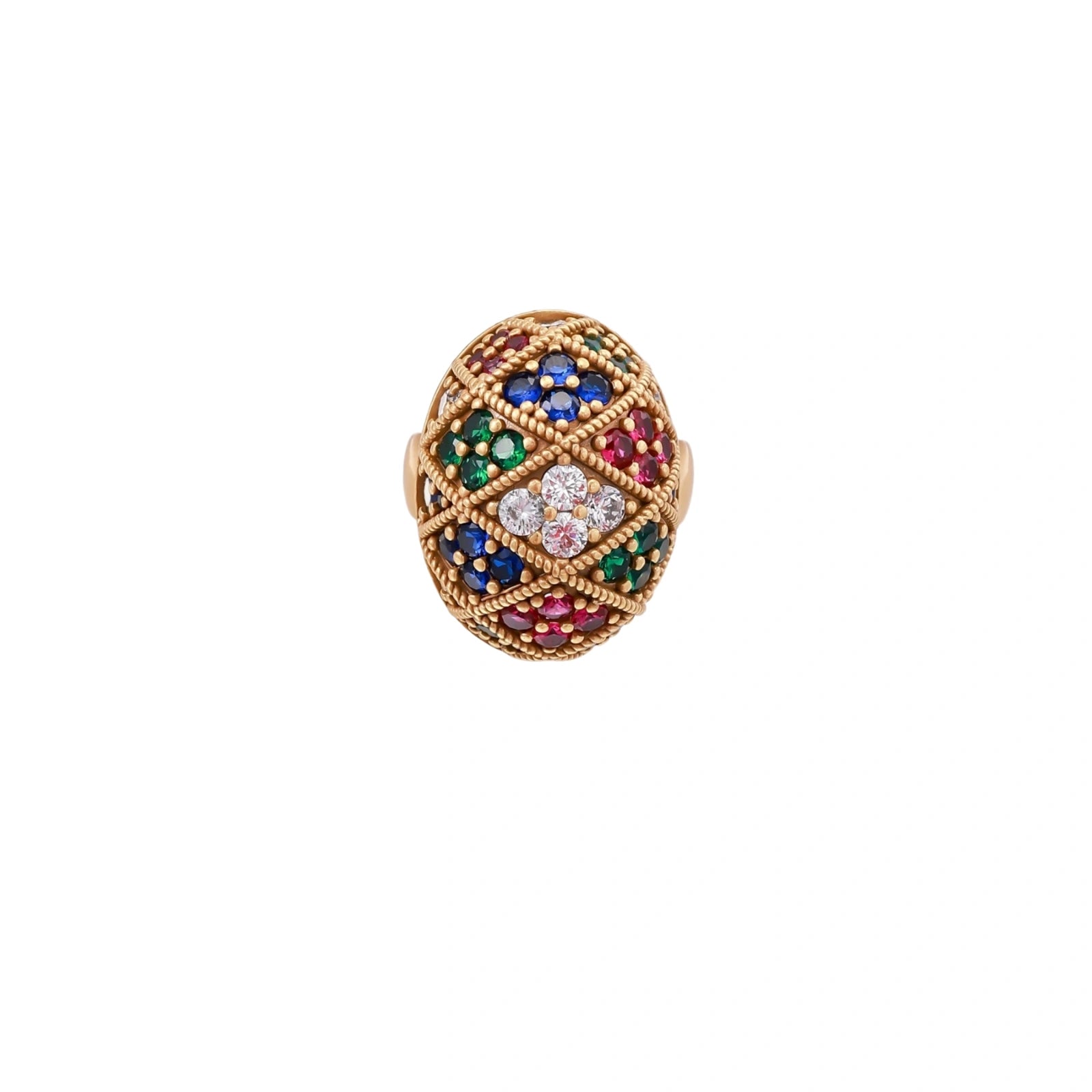 Oversized gold ring with geometric mosaic pattern featuring multicolor zirconia stones in ruby, emerald, sapphire, and clear tones.