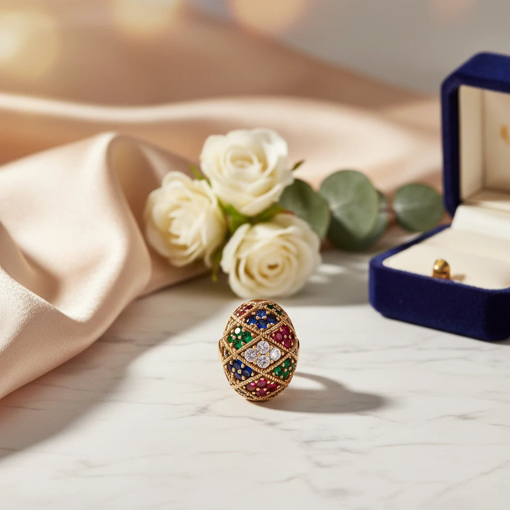 Vergoldeter Mosaik-Ring Empress von flyliving, mit farbigen Edelsteinen in einem Gittermuster, neben Rosen und einer Schmuckschatulle.
