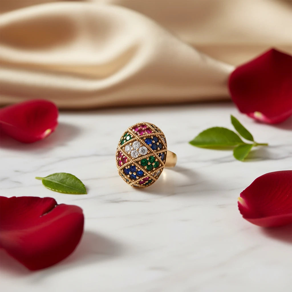 Vergoldeter Ring "Empress Mosaic" von flyliving, mit bunten Edelsteinen und Diamanten im Mosaikmuster.